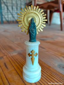 Antiques: FIGURA escultura antigua VIRGEN MARIA MADRE DE DIOS CON EL NIÑO JESÚS cruz corona COLUMNA MÁRMOL